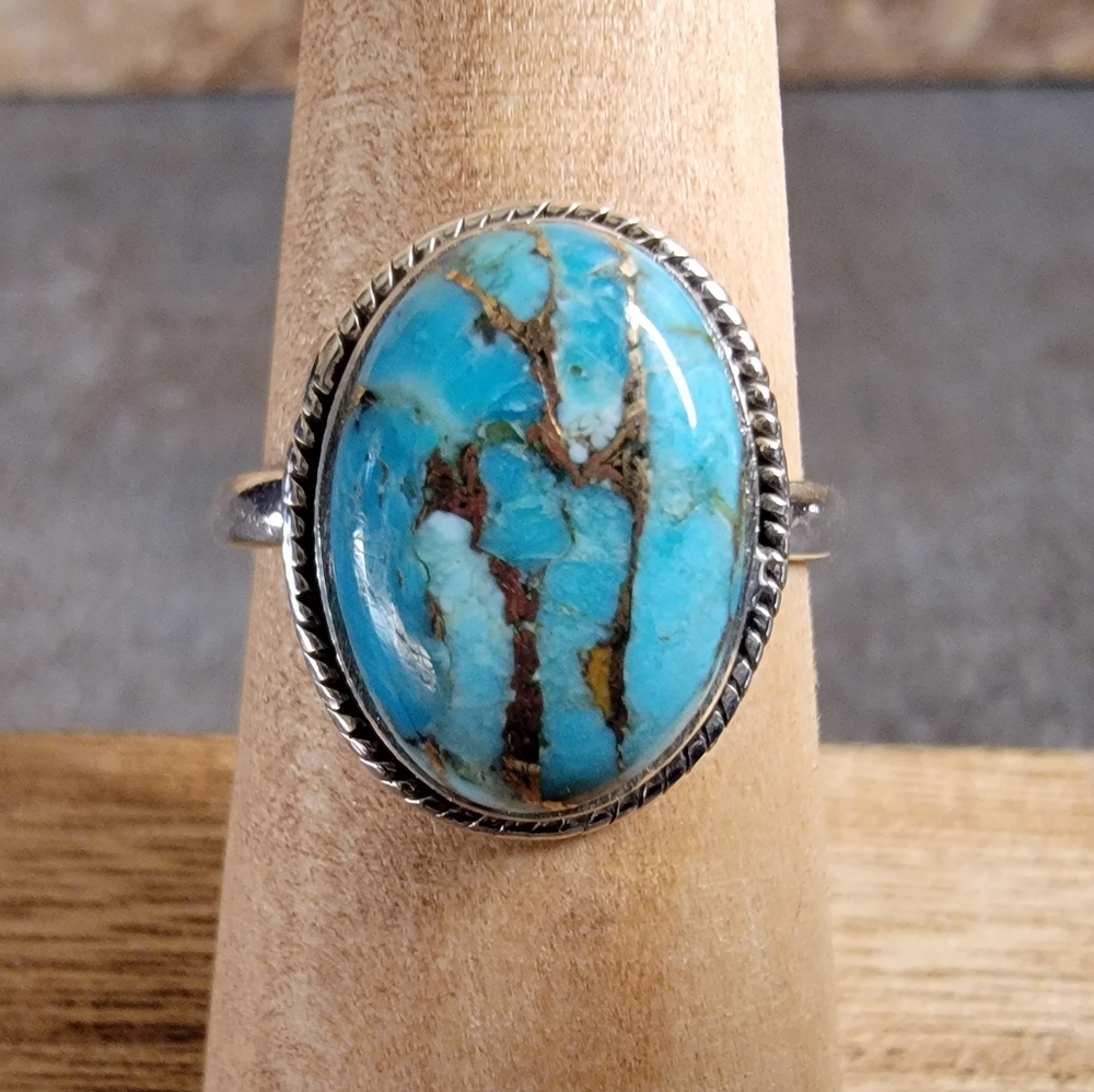 Native Copper Turquoise Gemstone Ring 8 Sterling Silver Boho Size Womens